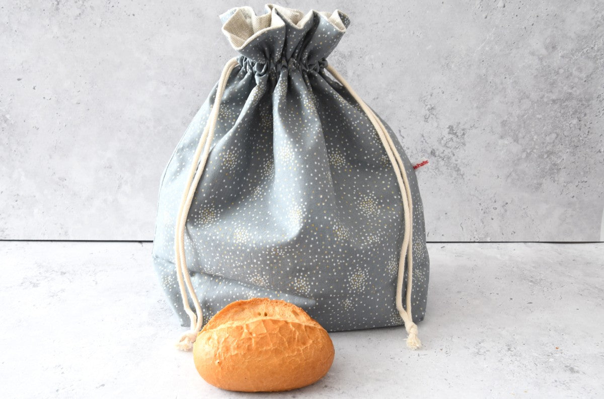 Handgenähter 3-in-1 Brotbeutel aus Baumwolle "Glitter auf grau" und Innenfutter aus Leinen von Fabelhaftewerkstatt.