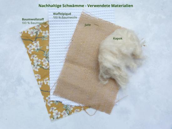Die natürlichen und plastikfreien Materialien des Zero-Waste-Schwamms: Reine Baumwolle, Jute und die kompostierbare Kapok-Füllung