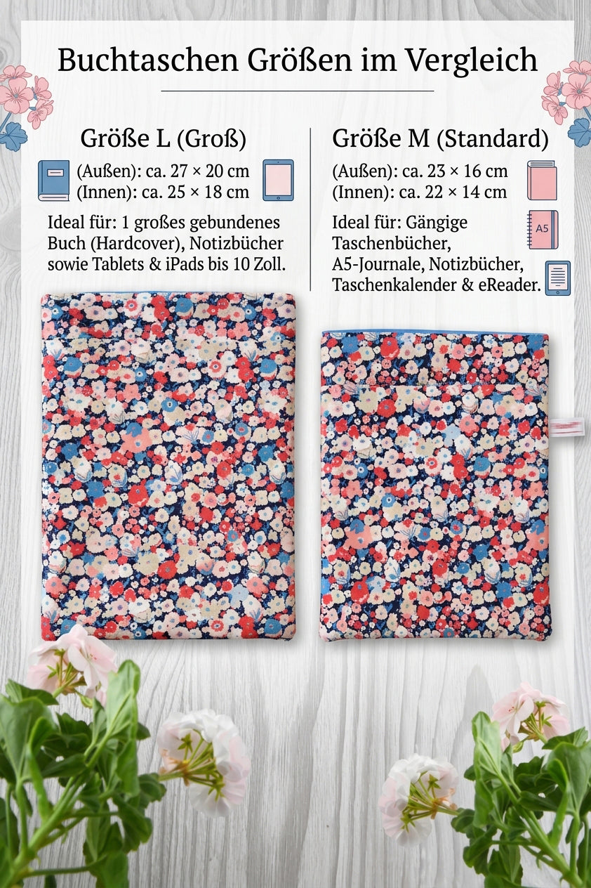Infografik: Größenvergleich von Buchtaschen/Buchhüllen aus Leinen. Zeigt Größe L (27x20cm) für Hardcover & Tablets und Größe M (23x16cm) für Taschenbücher & E-Reader.