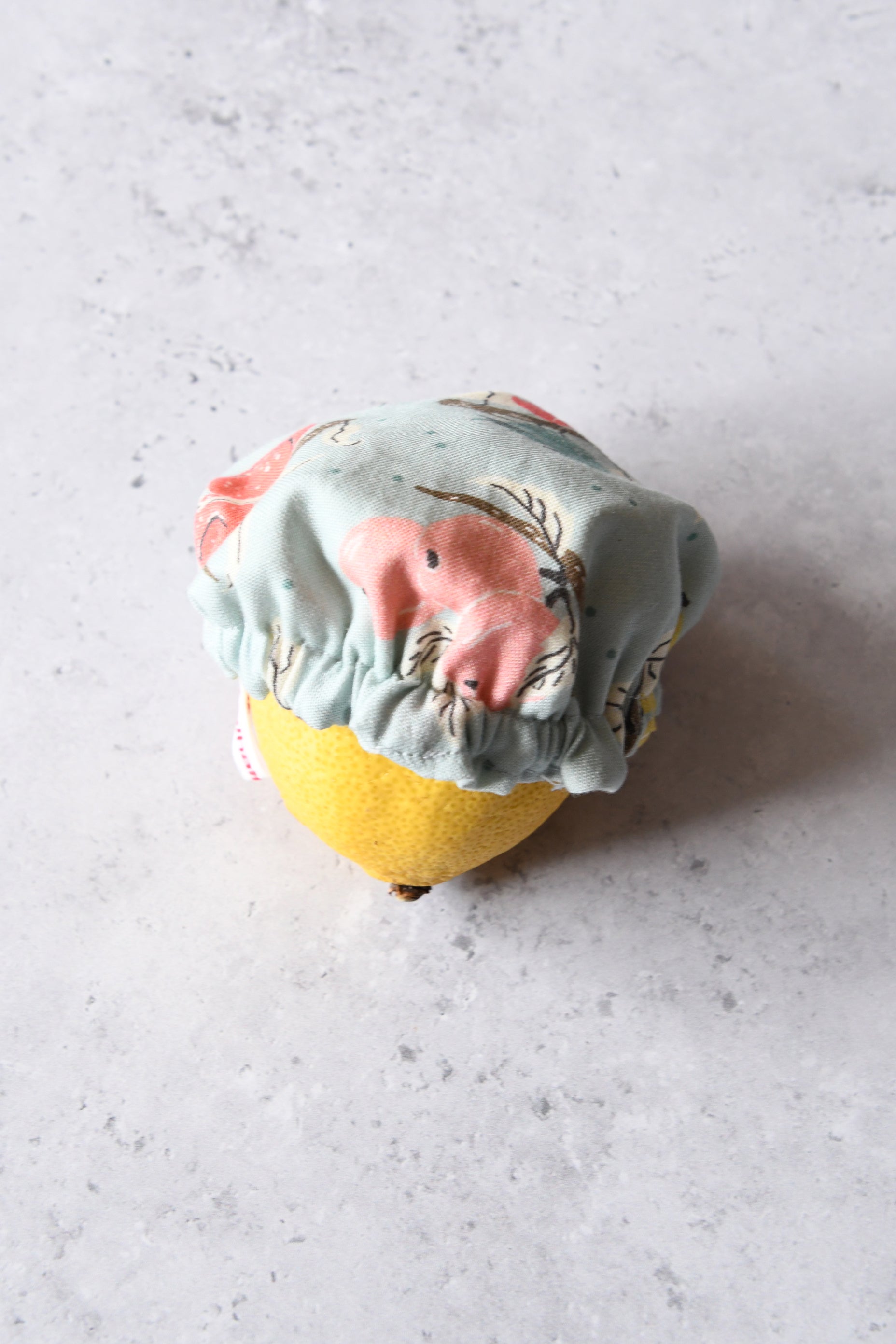 Kleine handgenähte Schüsselhaube mit Obstzweige-Muster auf Hellblau, passgenau über eine angeschnittene Zitrone gezogen.