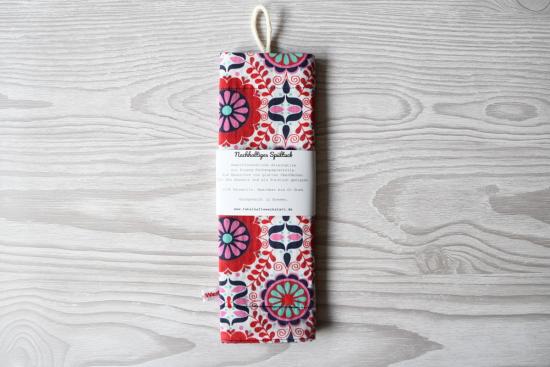 Preview: Putztuch, Spültuch aus Baumwolle - "Rote Retroblumen"