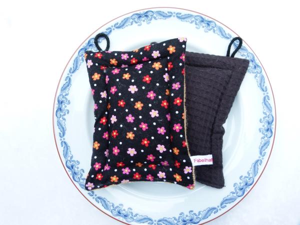 Spülschwamm, Scheuerschwamm,  2er Set - "Blumen auf schwarz"