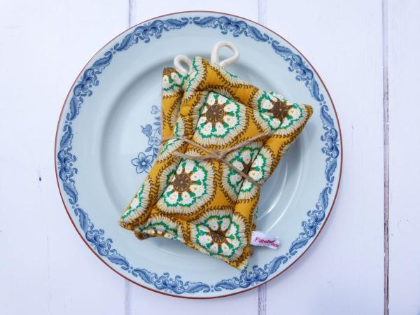 Spülschwamm, Scheuerschwamm, Küchenschwämme (2-er Set) - "Retroblumen auf senfgelb"